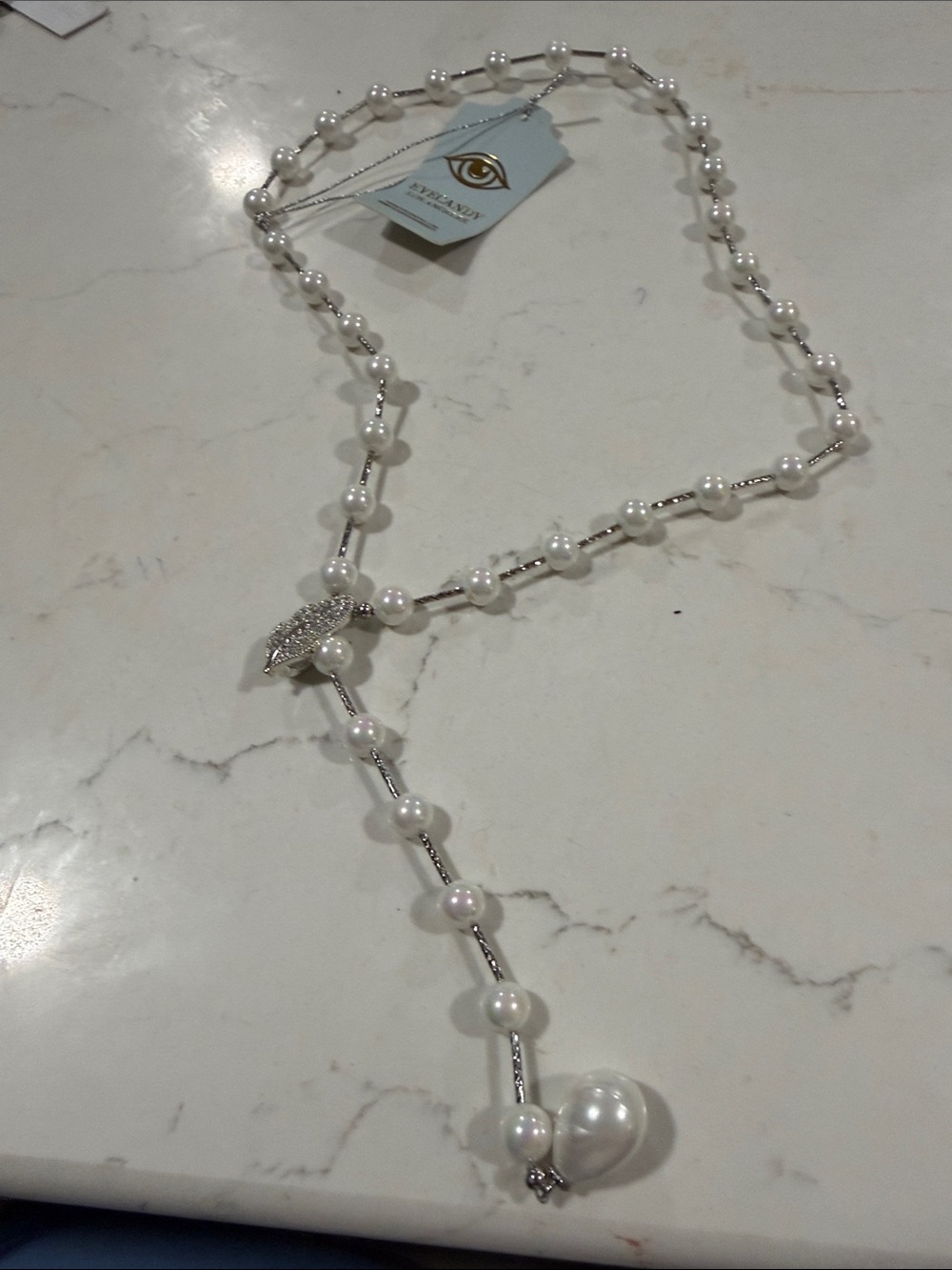 eye candy White Pearl Lariat Necklace with Silver Accents